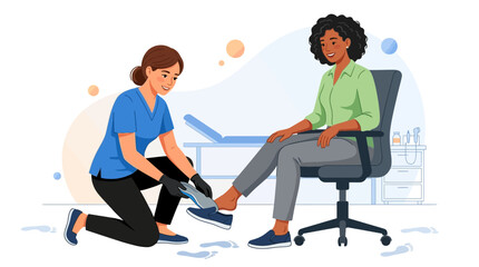Fototapeta premium Podiatrist fitting orthotic insert into patient's shoe in medical clinic