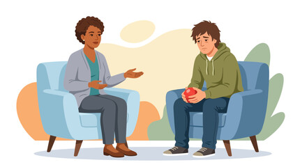 Fototapeta premium Psychologist counsels worried teenager holding red stress ball in cozy therapy session, vector illustration