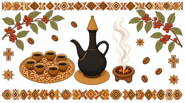 Traditional Ethiopian Coffee Ceremony Illustration