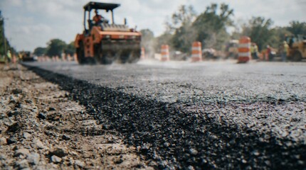 A close-up view of fresh asphalt being laid on a road construction site with a steamroller compacting the material in the background. © dang