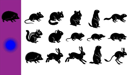 Obraz premium Collection of fifteen black small mammal rodent silhouettes featuring hedgehog mouse hamster chinchilla prairie dog ferret chipmunk guinea pig rat mole platypus rabbits marmot jerboa