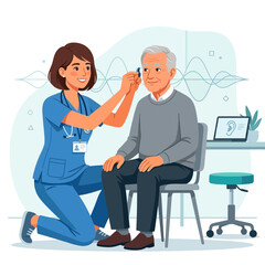 Fototapeta premium Audiologist Attends to Elderly Patient, Adjusting Hearing Aid During Medical Examination