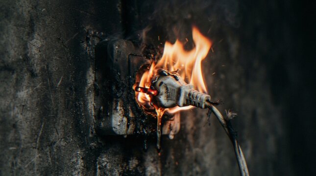 A close-up shot of an electrical wall outlet engulfed in flames, illustrating a dangerous short circuit or electrical fire hazard.