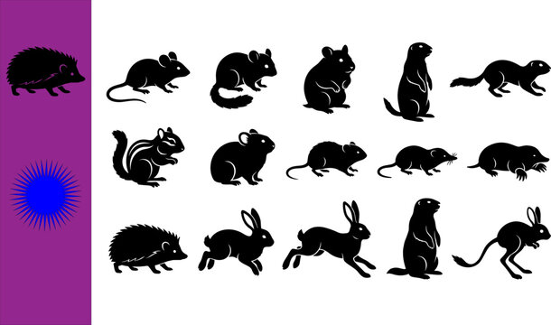Collection of fifteen black small mammal rodent silhouettes featuring hedgehog mouse hamster chinchilla prairie dog ferret chipmunk guinea pig rat mole platypus rabbits marmot jerboa