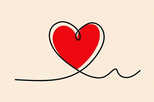 Minimalist red heart shape with continuous black line and white background for valentine's day greeting card design or love symbol.