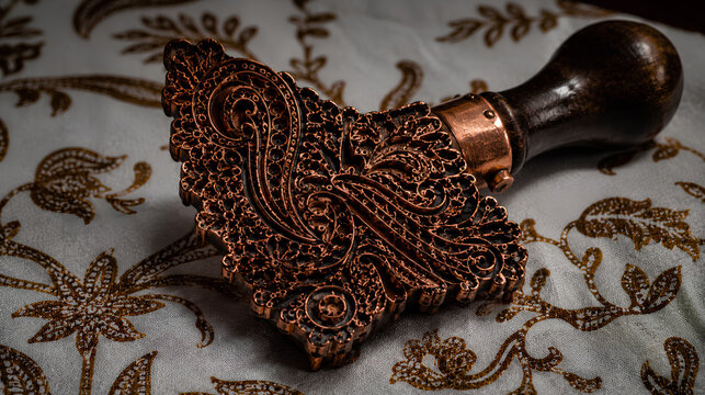 Complex copper batik stamp block resting directly on a clean white cotton fabric
