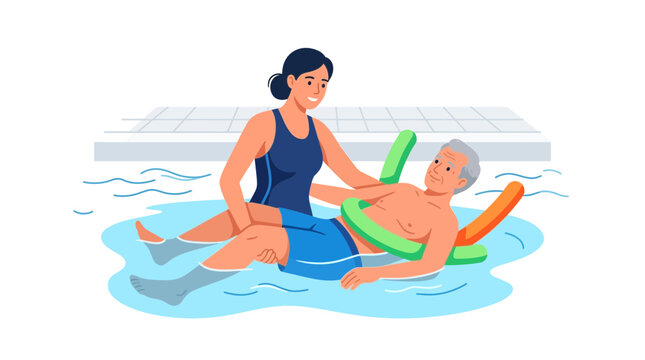 Therapist Assisting Elderly Man with Hydrotherapy in Swimming Pool