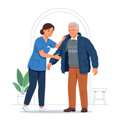 Obraz premium Caring nurse helps elderly man put on jacket, promoting dignity and independence in elder care.