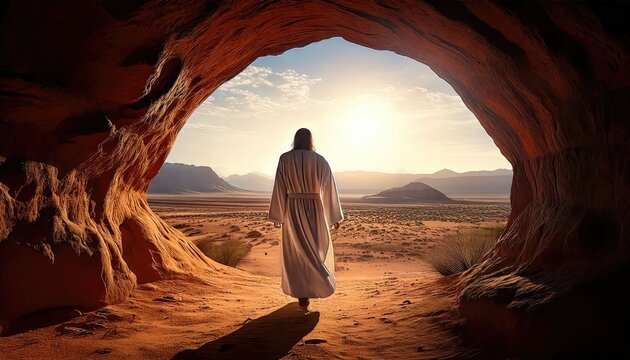 A figure in a white robe walking out of a cave into a vast desert landscape at sunrise.