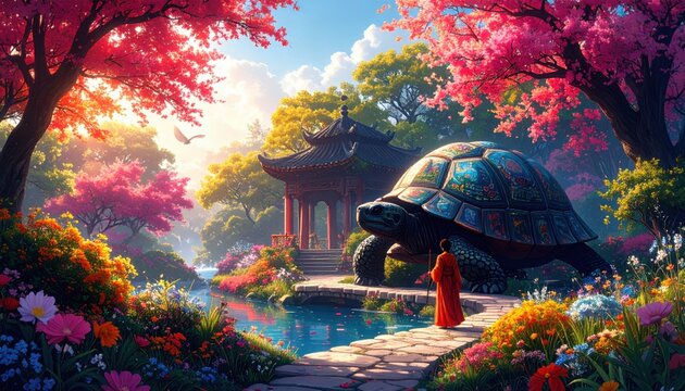 Fantasy scene with giant turtle and robed figure in a lush garden depicting storytelling, peace, nature magic, and Eastern-inspired mythical journeys