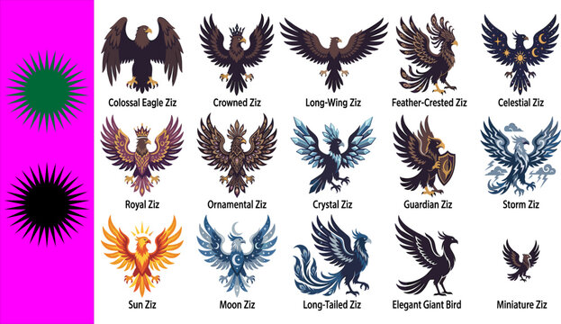 Collection of fifteen fantasy Ziz eagle illustrations featuring crowned celestial royal crystal sun moon designs on white background with magenta banner and green black starbursts