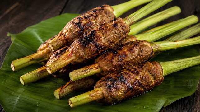 Traditional Balinese minced meat skewers wrapped around lemongrass sticks