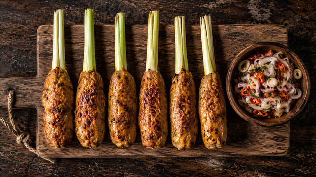 Top down flat lay of Balinese minced meat sate lilit wrapped around lemongrass
