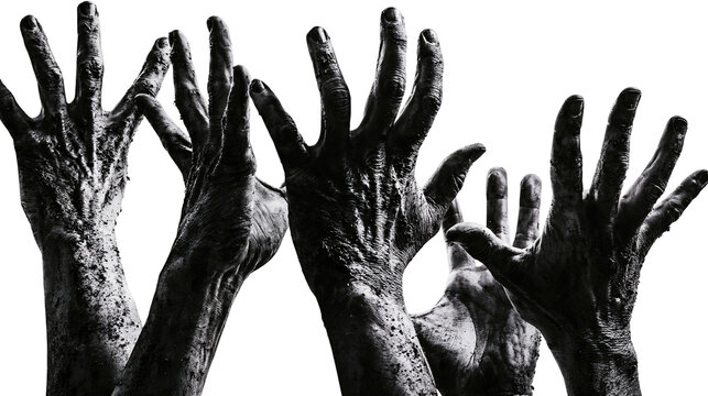 Isolated collection of dirty, gnarled hands reaching up towards the sky in desperation