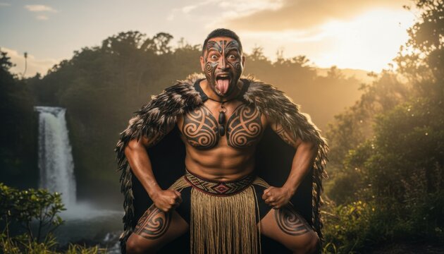 Maori man performing traditional haka in front of waterfall wearing tribal attire with symbolic tattoo under golden sunlight