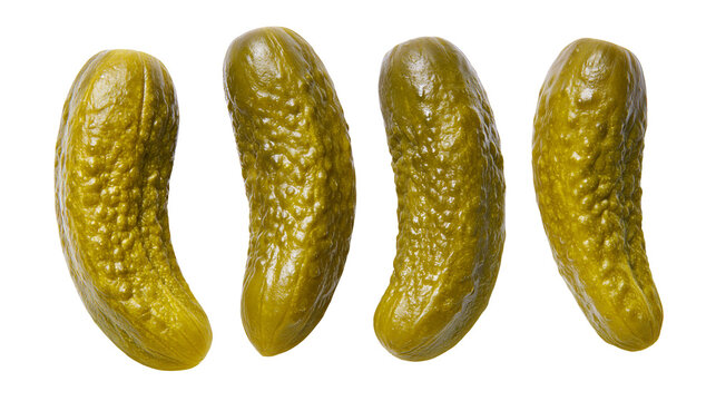 Isolated four vibrant green pickled gherkins arranged in a neat row, delicious and fresh