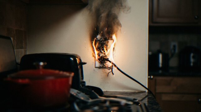 An electrical wall outlet catching fire in a kitchen, showing a plug and cord smoking with flames, highlighting a dangerous home hazard.