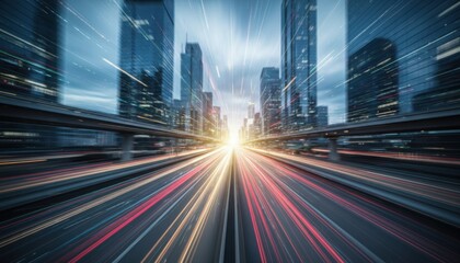 Obraz premium Long exposure motion blur view of high speed highway leading into modern city skyline at dusk emphasizing rapid urban development