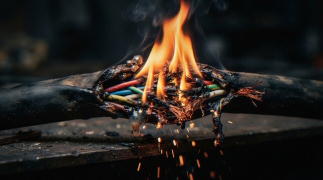 A close-up view of a damaged electrical cable burning and melting, with visible wires sparking and smoke rising, highlighting a hazardous electrical short circuit.