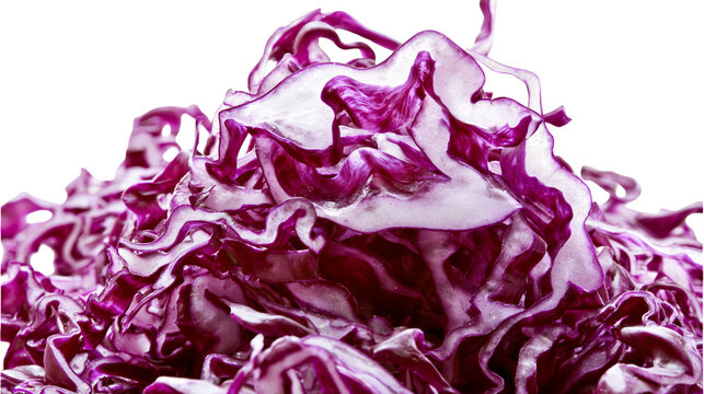 Isolated pile of freshly cut vibrant red cabbage shreds a healthy vegetable ingredient