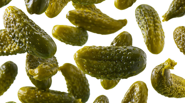 Isolated fresh green gherkins or mini cucumbers scattered on plain background, healthy food ingredient
