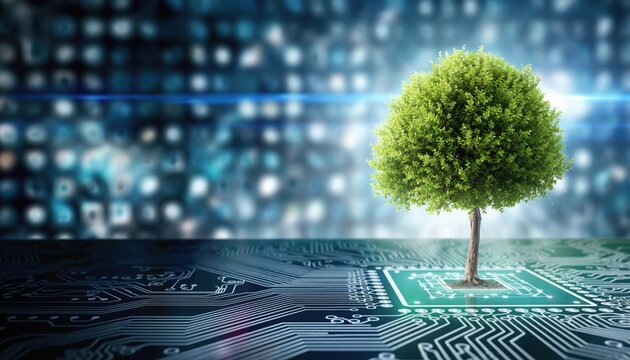 Green leafy tree growing from microprocessor on digital circuit board surface with blurred bokeh light background