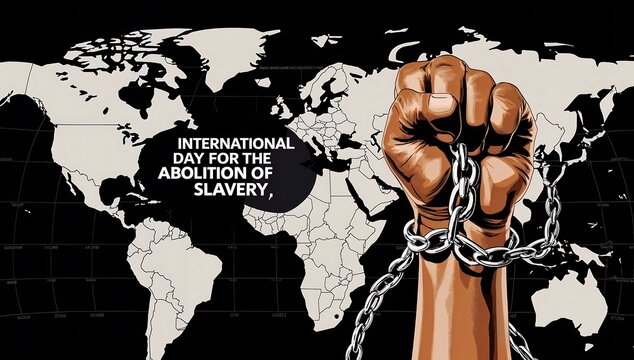 Abolition of slavery day banner with raised fist breaking chains