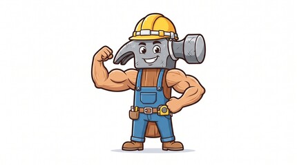 Fototapeta premium Strong cartoon hammer character wearing a yellow hard hat and blue overalls