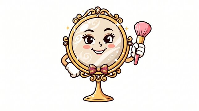 Cute cartoon vintage mirror character holding a makeup brush with friendly face
