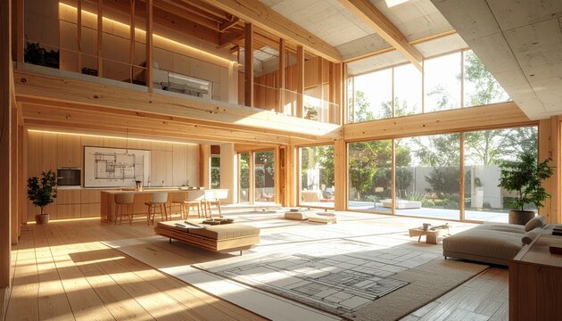 Spacious modern interior with high ceilings and light wood beams displays architectural technical drawings laid across the large open floor