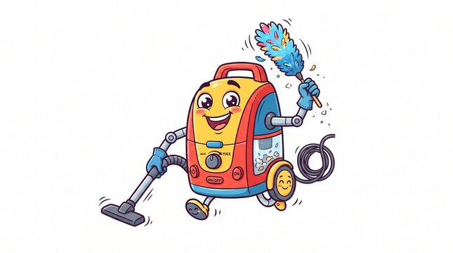 Happy cartoon vacuum cleaner character holding a feather duster and hose