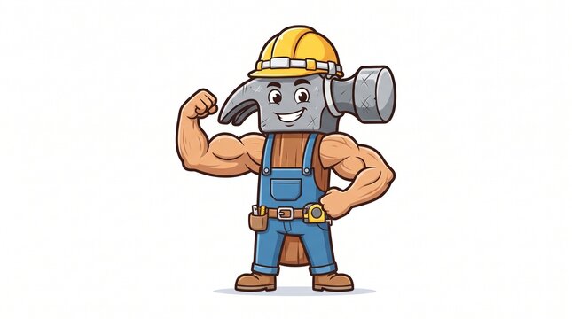 Strong cartoon hammer character wearing a yellow hard hat and blue overalls