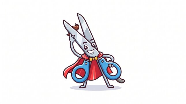 Cute cartoon scissors superhero character wearing a red cape and smiling proudly