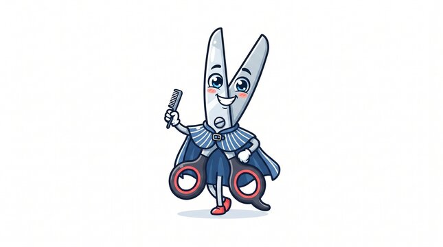 Friendly cartoon scissors character wearing a blue cape holding a small pen