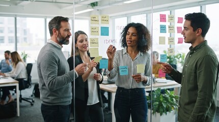 Obraz premium Diverse professionals collaborating in modern office while organizing startup inventory and teamwork planning