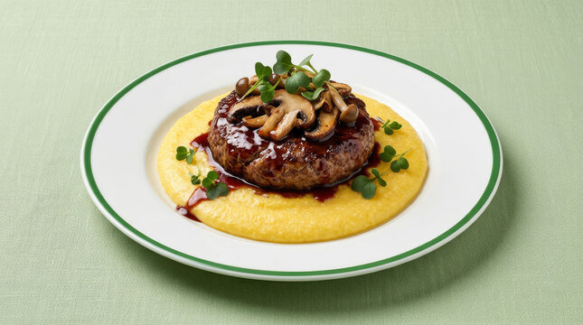 Vegan mushroom burger with red wine sauce over creamy polenta 