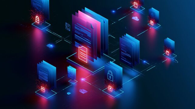 Futuristic digital data network and cloud computing infrastructure visualization with glowing blue and red nodes futuristic technology cyber security data center blue glow