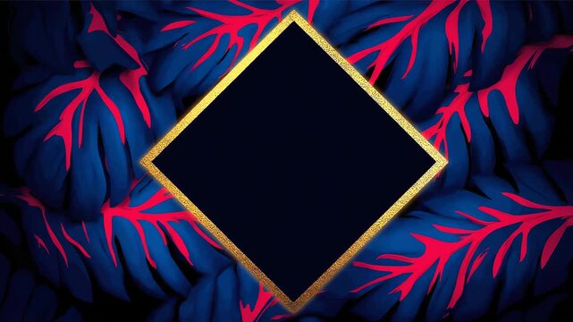Gold rhombus frame with black center over dark blue tropical leaves with hot pink neon veins