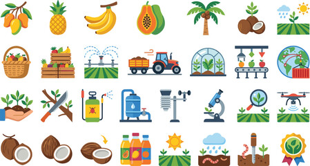 Fototapeta premium Tropical Fruit Farming Agriculture Cultivation Icons Set Mango Pineapple Banana Papaya Coconut Irrigation Tractor Drone Greenhouse Harvest Sorting Flat Vector
