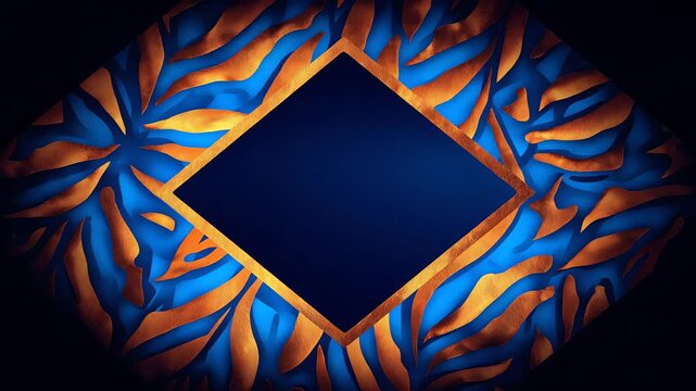 Metallic gold rhombus frame with dark blue center over glowing orange leaf vein pattern