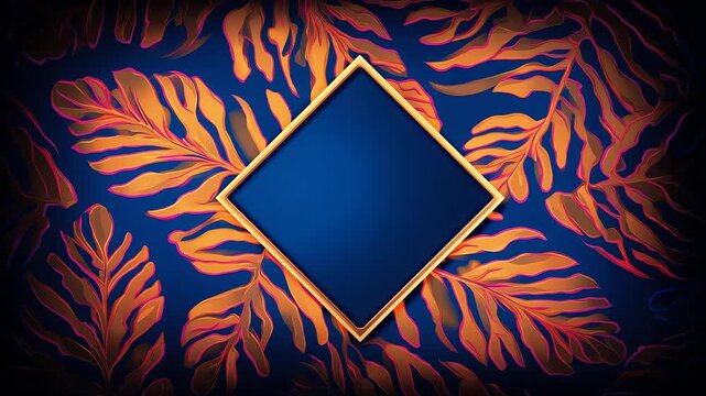 Metallic gold rhombus frame with dark blue center over glowing orange leaf vein pattern