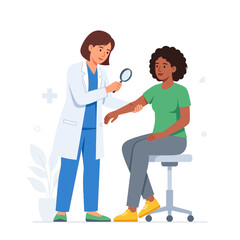 Obraz premium Dermatologist examines patient's skin with magnifying glass in modern clinic illustration