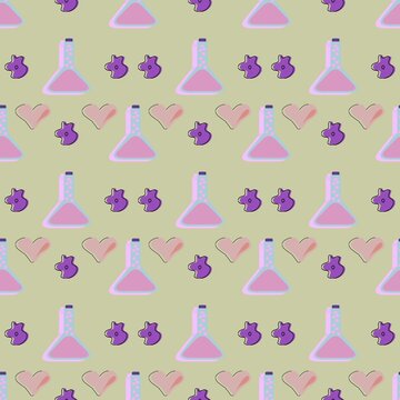 Science love seamless pattern with chemistry flasks, flowers and hearts. Vector laboratory background for education and learning