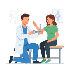 Obraz premium Doctor measures patient's arm range of motion with goniometer, illustrating physical therapy and orthopedic care.