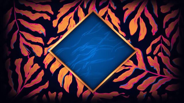 Copper rhombus frame with translucent frosted glass overlay on vibrant blue, pink, and orange tropical leaves background