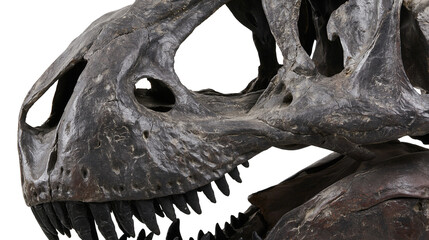 Isolated close-up of a fearsome ancient dinosaur skull fossil, detailed prehistoric predator anatomy specimen © Saoirse