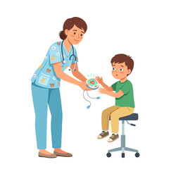 Obraz premium Friendly Nurse Checking Boy's Vital Signs with Medical Device in Clinic - Vector Illustration