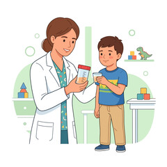Obraz premium Doctor shows urine sample cup to a child patient in a medical clinic, healthcare concept illustration.