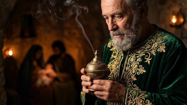 Biblical king caspar wearing a rich green gold robe holds smoking incense inside a dark rustic stable while the holy family rests softly illuminated in the warm peaceful background