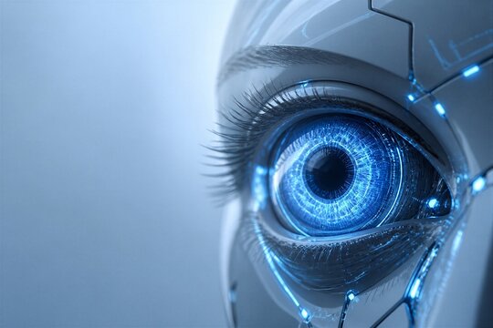 Robotic eye glowing with circuitry in futuristic closeup